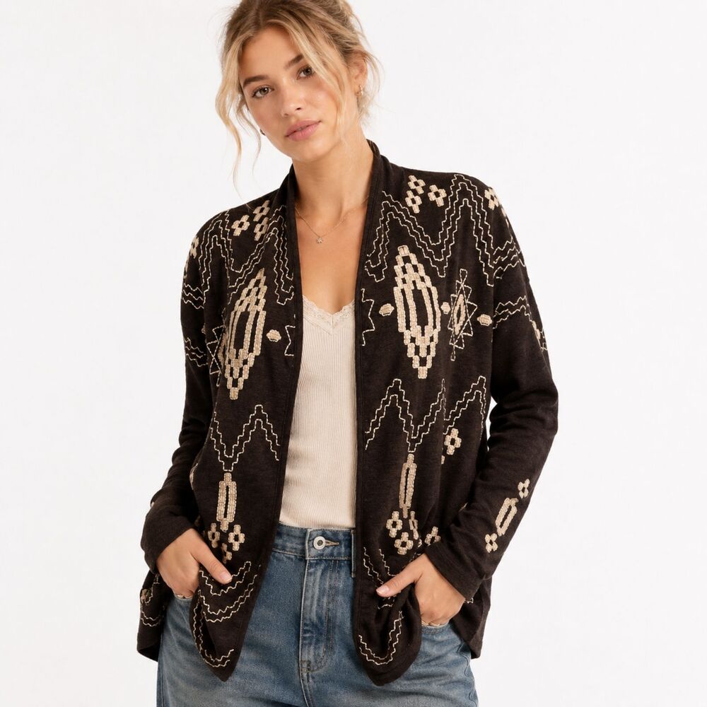 Lucky Lotus Lucky Brand Gray White Aztec Embroidered Cardigan Sweater Boho M